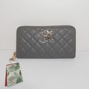 Badgley Mischka Grey Quilted Zip Around Wallet Vegan Leather Gold Logo Wristlet